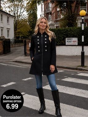 Cleo Black Military-Style Coat  Black with Silver Buttons Fall Weight